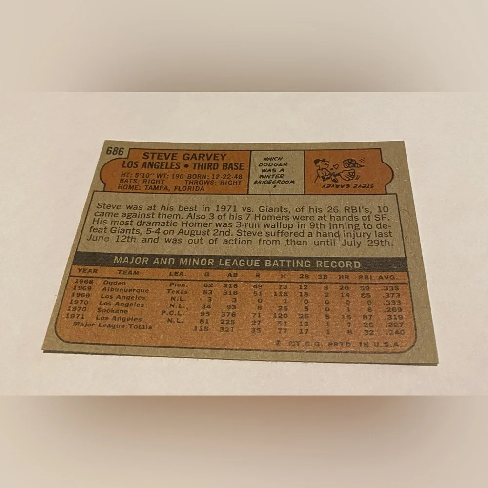Steve Garvey 1972 Topps Baseball Card # 686 Vintage Collectible